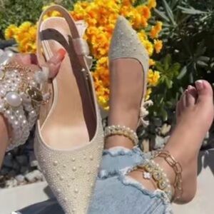 Elegant Pearl-Embellished Cream Slingback Flats